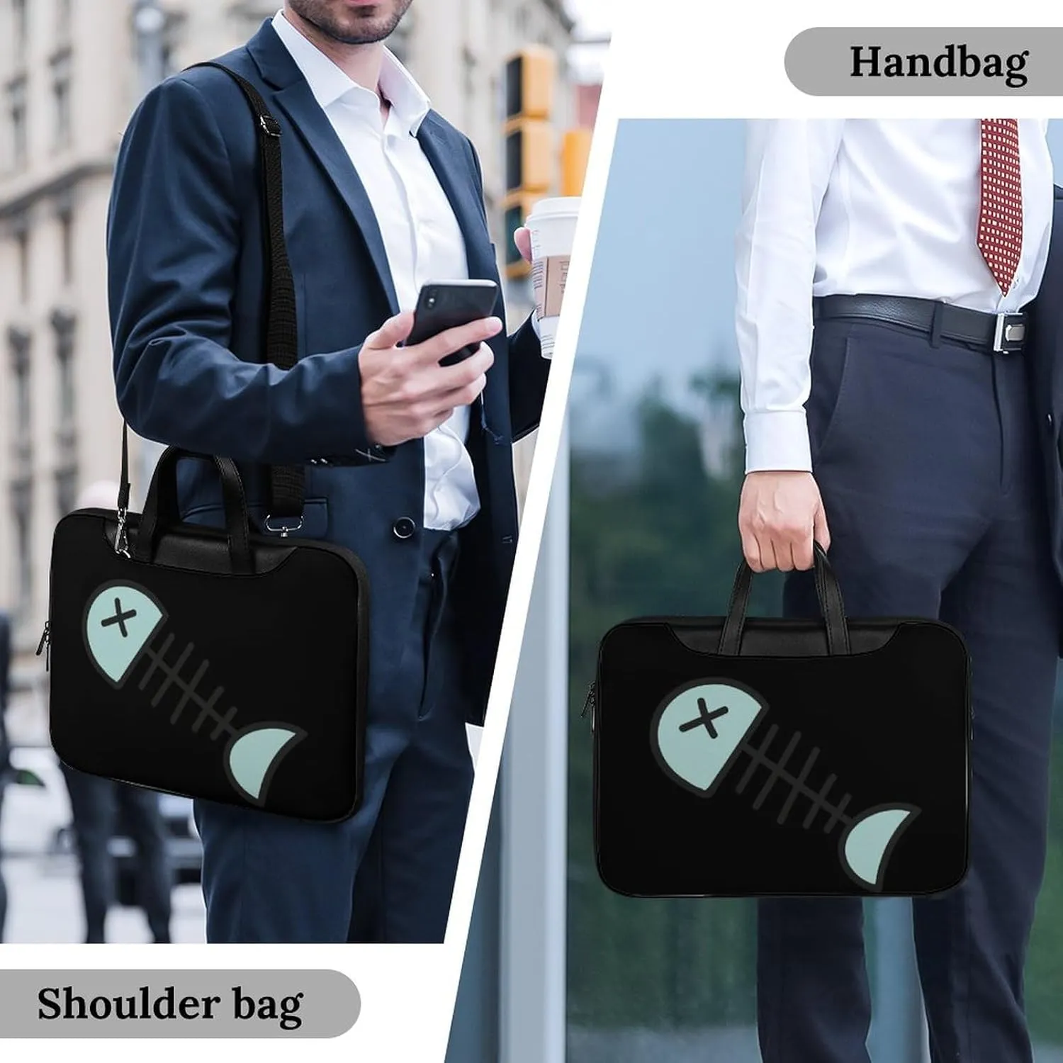 Cartoon Fish Bone Leather Bag Laptop Case Slim Water Resistant Computer Bags with Handle Briefcase for Work