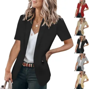 Casual Blazer for Women Short Sleeve Blazers Summer Dressy Office Jackets Lapel One Button Open Front Jacket Cardigan