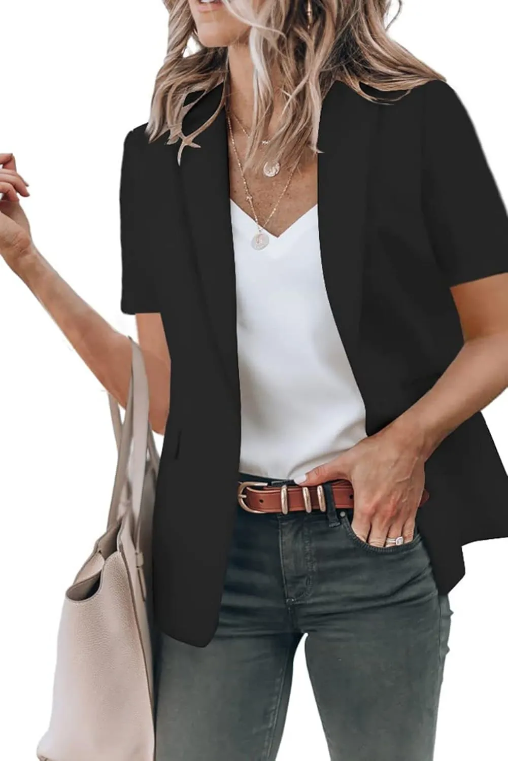 Casual Blazer for Women Short Sleeve Blazers Summer Dressy Office Jackets Lapel One Button Open Front Jacket Cardigan
