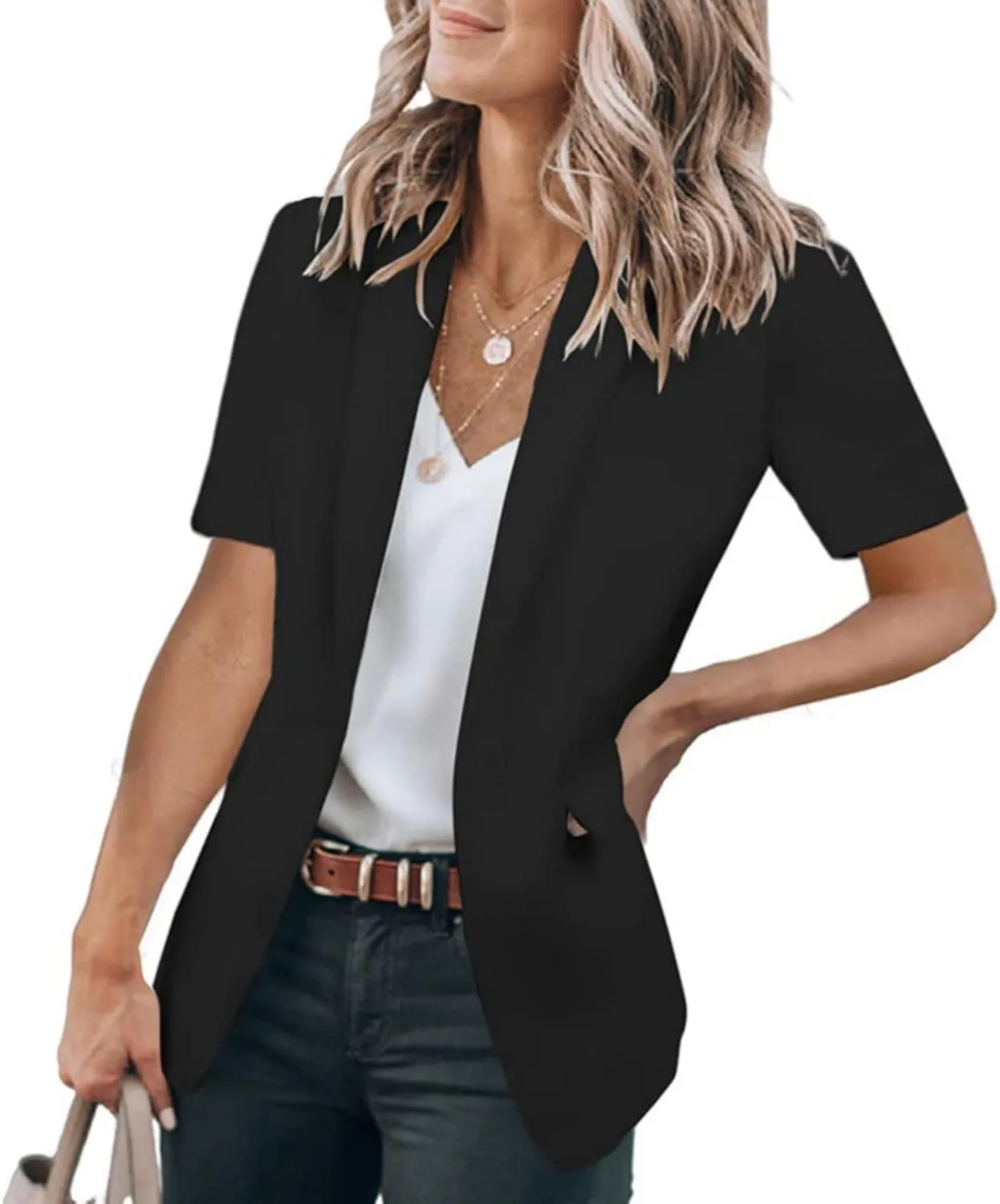 Casual Blazer for Women Short Sleeve Blazers Summer Dressy Office Jackets Lapel One Button Open Front Jacket Cardigan
