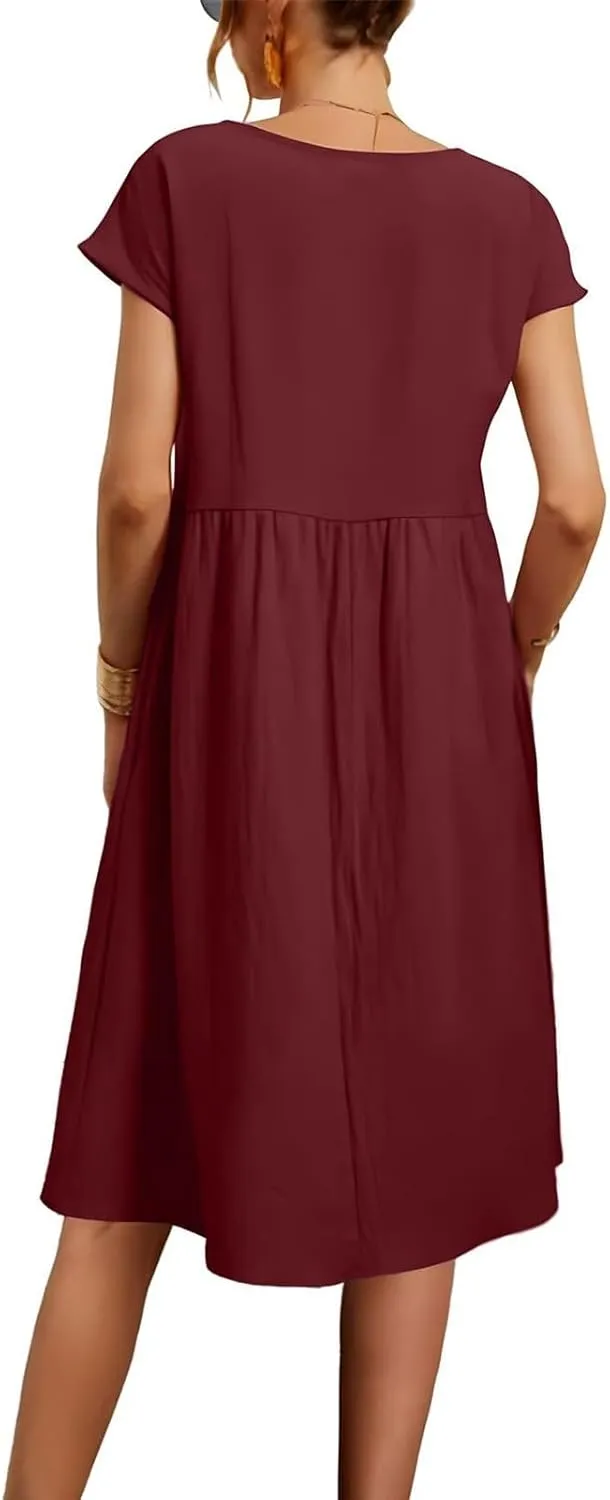 Casual Linen Dresses for Women Crewneck Summer Midi Dress with Pockets Solid Plus Size Short Sleeve T Shirt Dress