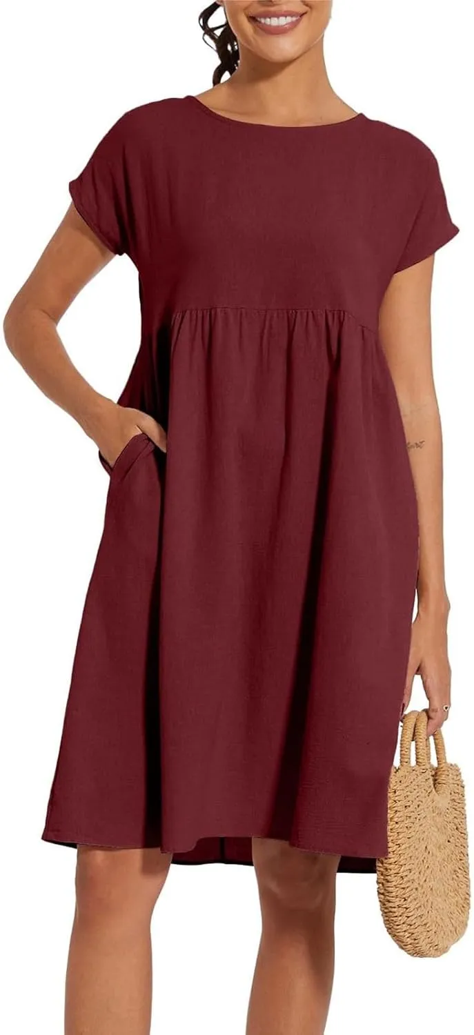 Casual Linen Dresses for Women Crewneck Summer Midi Dress with Pockets Solid Plus Size Short Sleeve T Shirt Dress