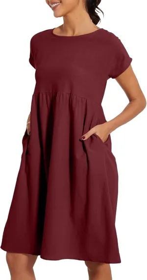 Casual Linen Dresses for Women Crewneck Summer Midi Dress with Pockets Solid Plus Size Short Sleeve T Shirt Dress