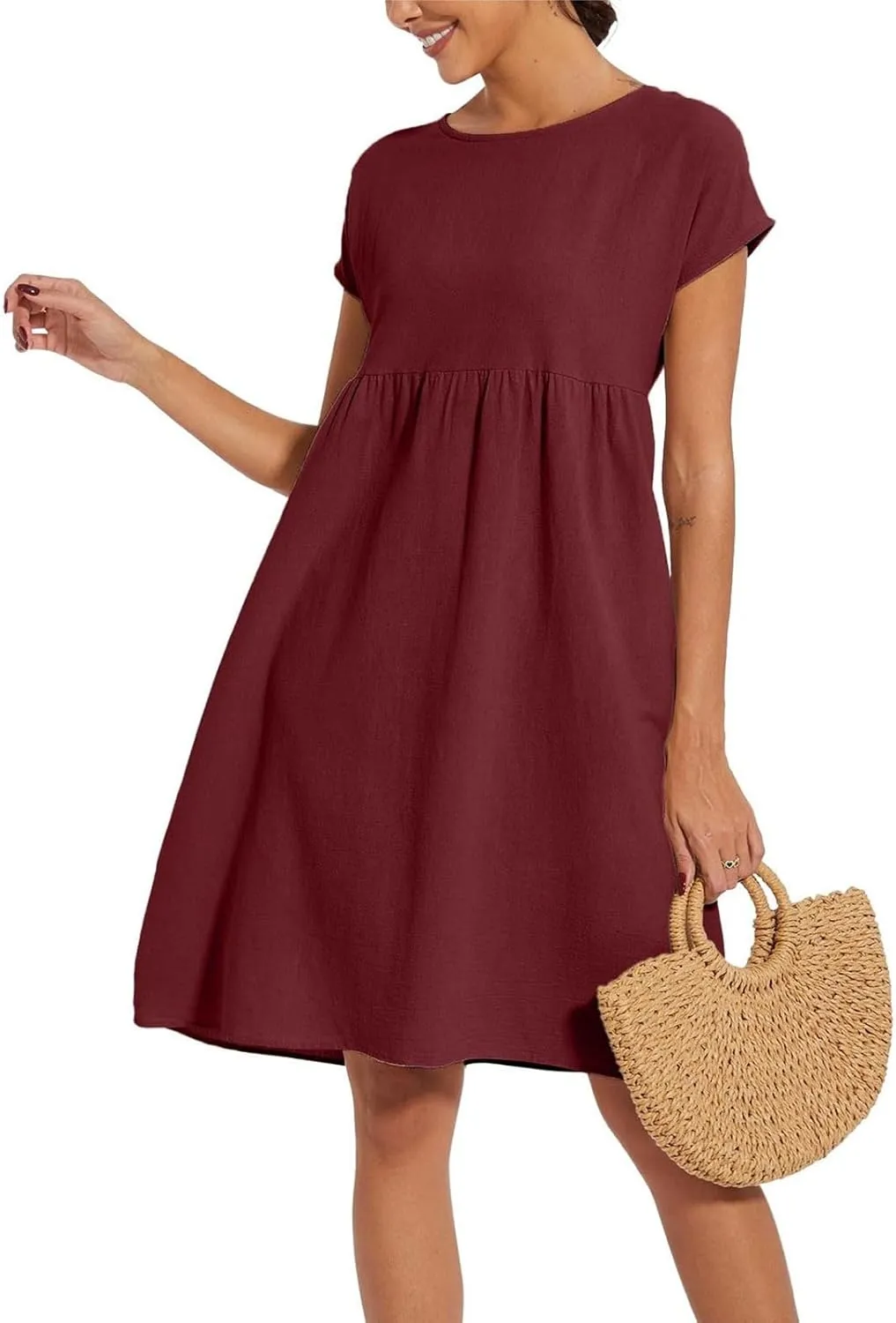 Casual Linen Dresses for Women Crewneck Summer Midi Dress with Pockets Solid Plus Size Short Sleeve T Shirt Dress