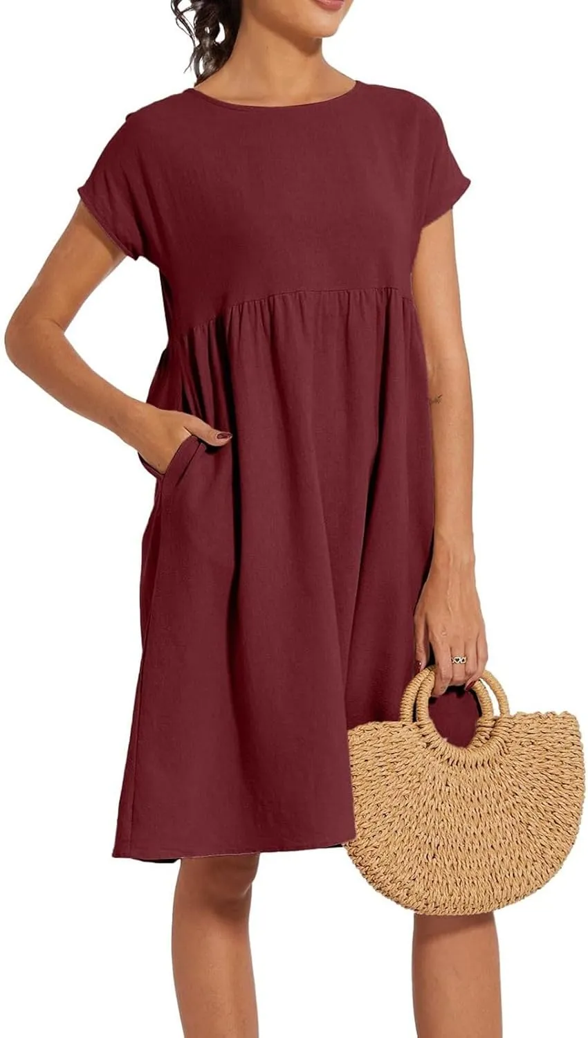 Casual Linen Dresses for Women Crewneck Summer Midi Dress with Pockets Solid Plus Size Short Sleeve T Shirt Dress