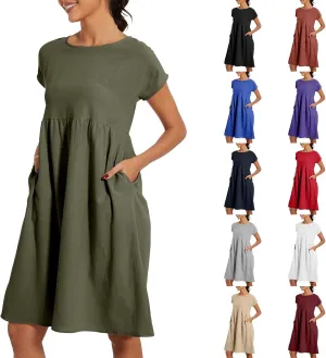 Casual Linen Dresses for Women Crewneck Summer Midi Dress with Pockets Solid Plus Size Short Sleeve T Shirt Dress