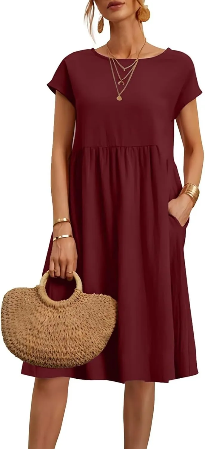 Casual Linen Dresses for Women Crewneck Summer Midi Dress with Pockets Solid Plus Size Short Sleeve T Shirt Dress