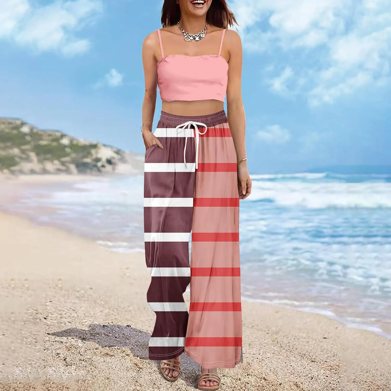 Casual Pants for Women Casual Elastic Waist 2025 Trendy Summer Floral Baggy Palazzo Bottoms