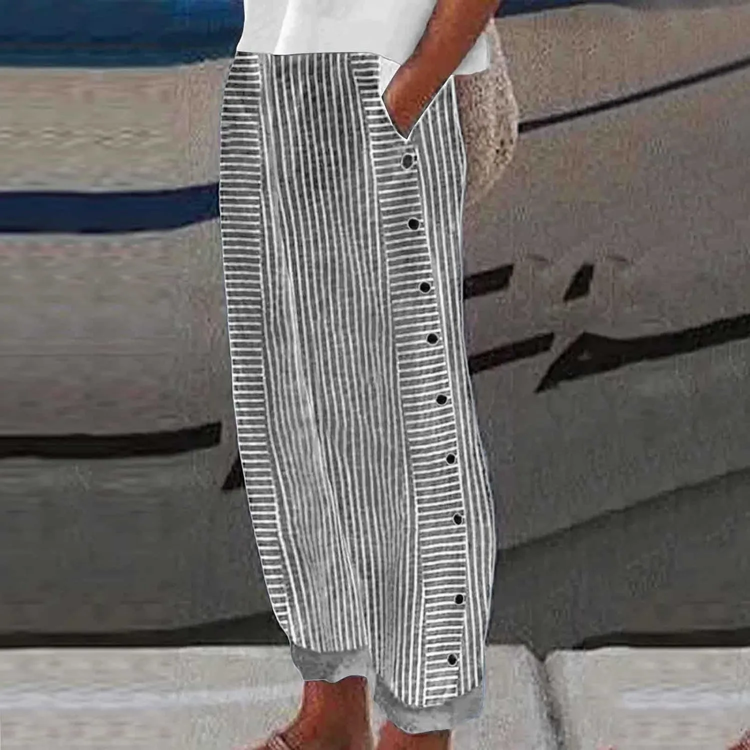 Casual Pants for Women Striped Side Button Elastic Waist Trendy Pants Straight Leg Lightweight Trousers with Pocket