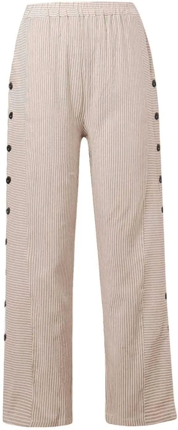 Casual Pants for Women Striped Side Button Elastic Waist Trendy Pants Straight Leg Lightweight Trousers with Pocket