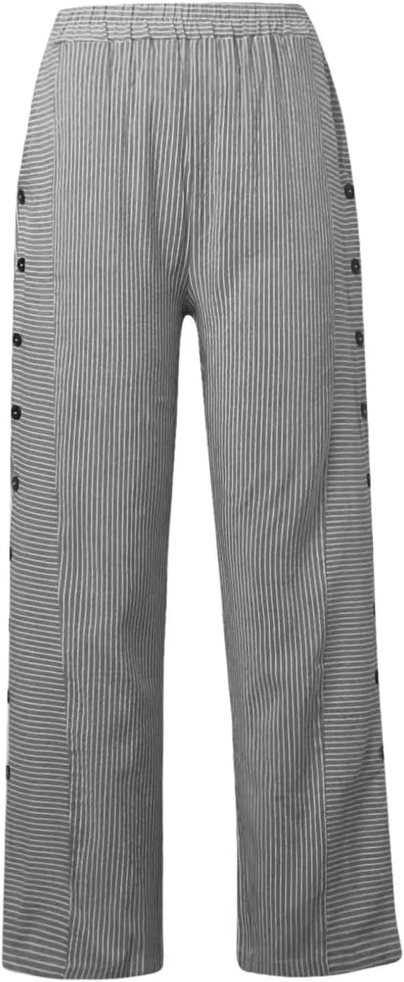 Casual Pants for Women Striped Side Button Elastic Waist Trendy Pants Straight Leg Lightweight Trousers with Pocket