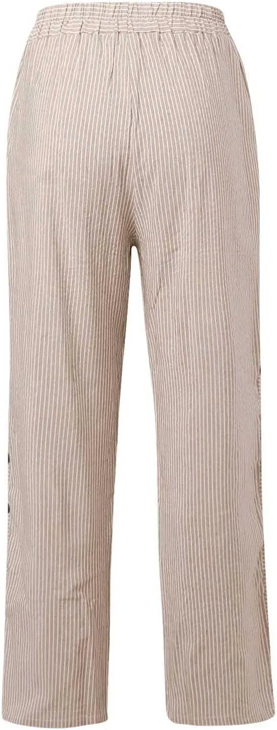 Casual Pants for Women Striped Side Button Elastic Waist Trendy Pants Straight Leg Lightweight Trousers with Pocket