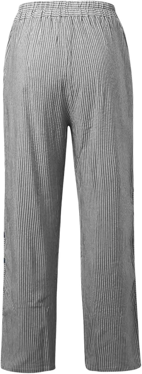 Casual Pants for Women Striped Side Button Elastic Waist Trendy Pants Straight Leg Lightweight Trousers with Pocket