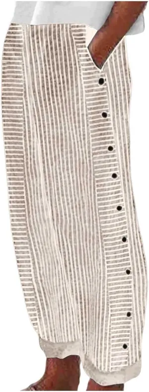 Casual Pants for Women Striped Side Button Elastic Waist Trendy Pants Straight Leg Lightweight Trousers with Pocket