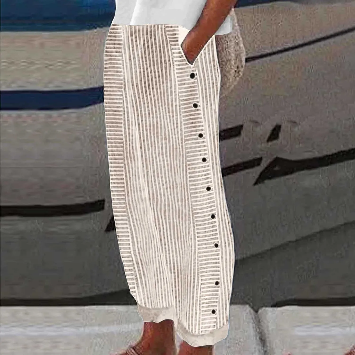 Casual Pants for Women Striped Side Button Elastic Waist Trendy Pants Straight Leg Lightweight Trousers with Pocket