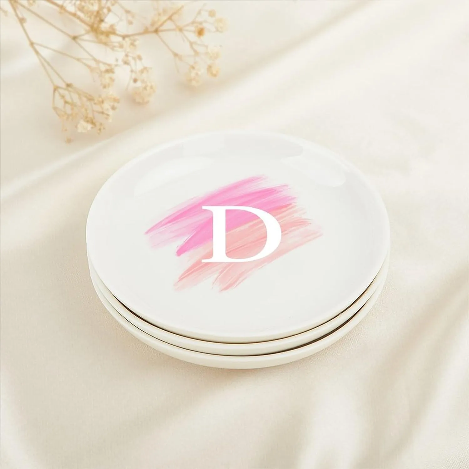 Ceramic Jewelry Tray, Custom Watercolor Initial D Jewelry Dish Tray for Jewelry Necklace, Personalized Family Name Watercolor Valentine's Graduation Birthday Gifts for Friends Niece Teacher