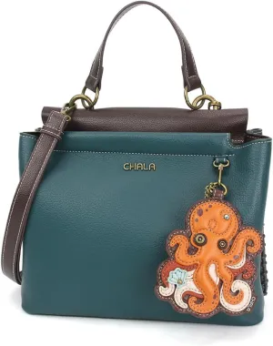 CHALA Charming Satchel Womens Tote Handbag with Forearm Strap and Detachable Crossbody Strap - Octopus A - turquoise