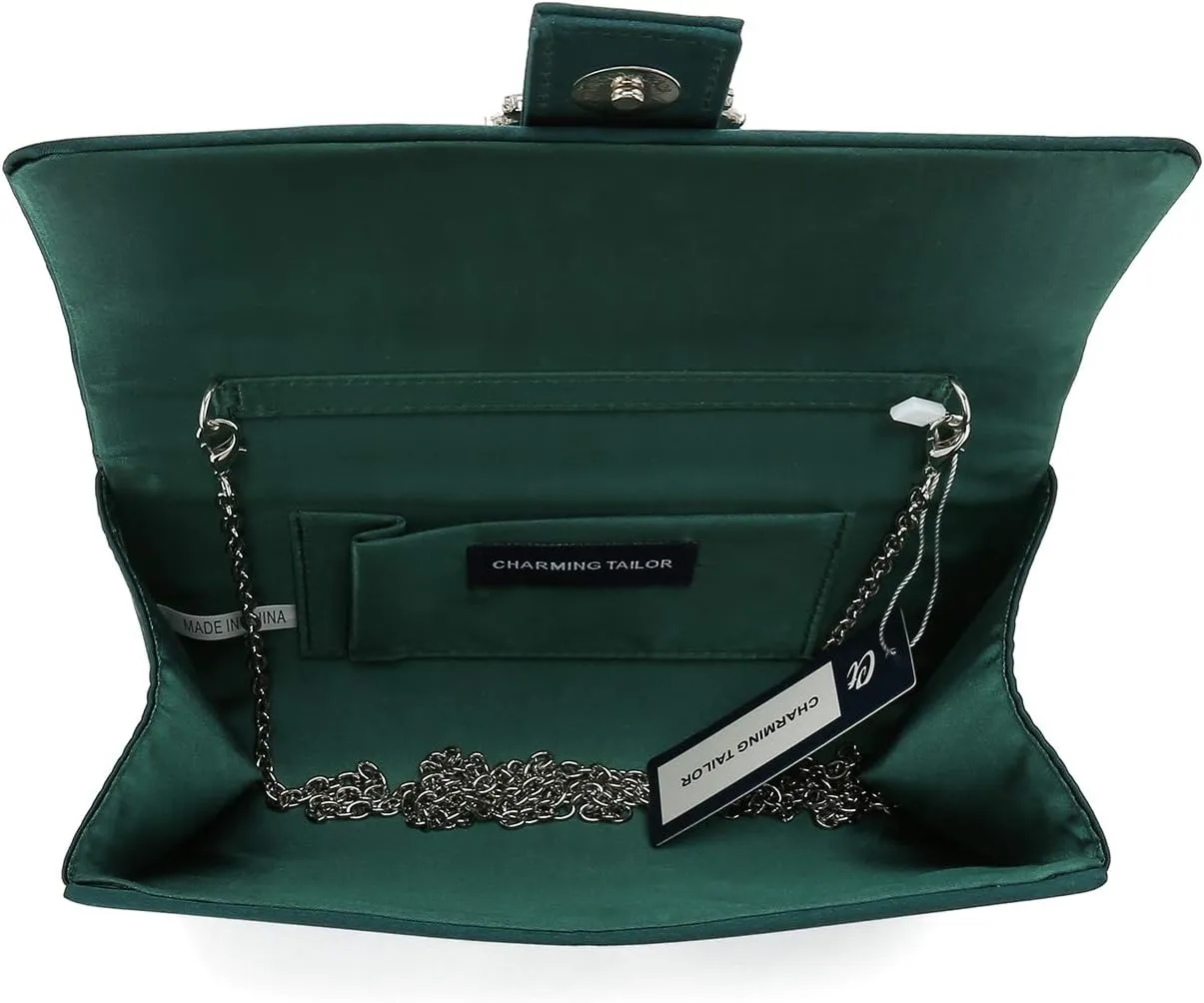 CHARMING TAILOR Evening Bag Diamantes Embellished Satin Clutch Purse for Woman Classy Party Handbag with Beaded Brooch