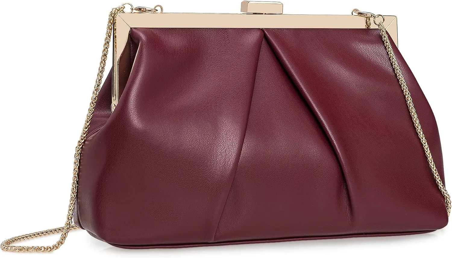 CHARMING TAILOR Faux Leather Clutch Purse Ruched PU Metal Frame Formal Evening Bag with Pearl Starp