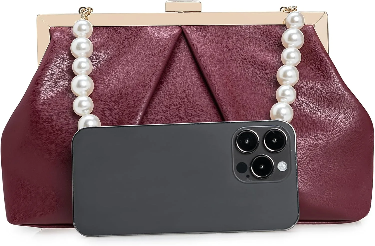 CHARMING TAILOR Faux Leather Clutch Purse Ruched PU Metal Frame Formal Evening Bag with Pearl Starp