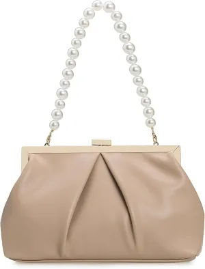 CHARMING TAILOR Faux Leather Clutch Purse Ruched PU Metal Frame Formal Evening Bag with Pearl Starp