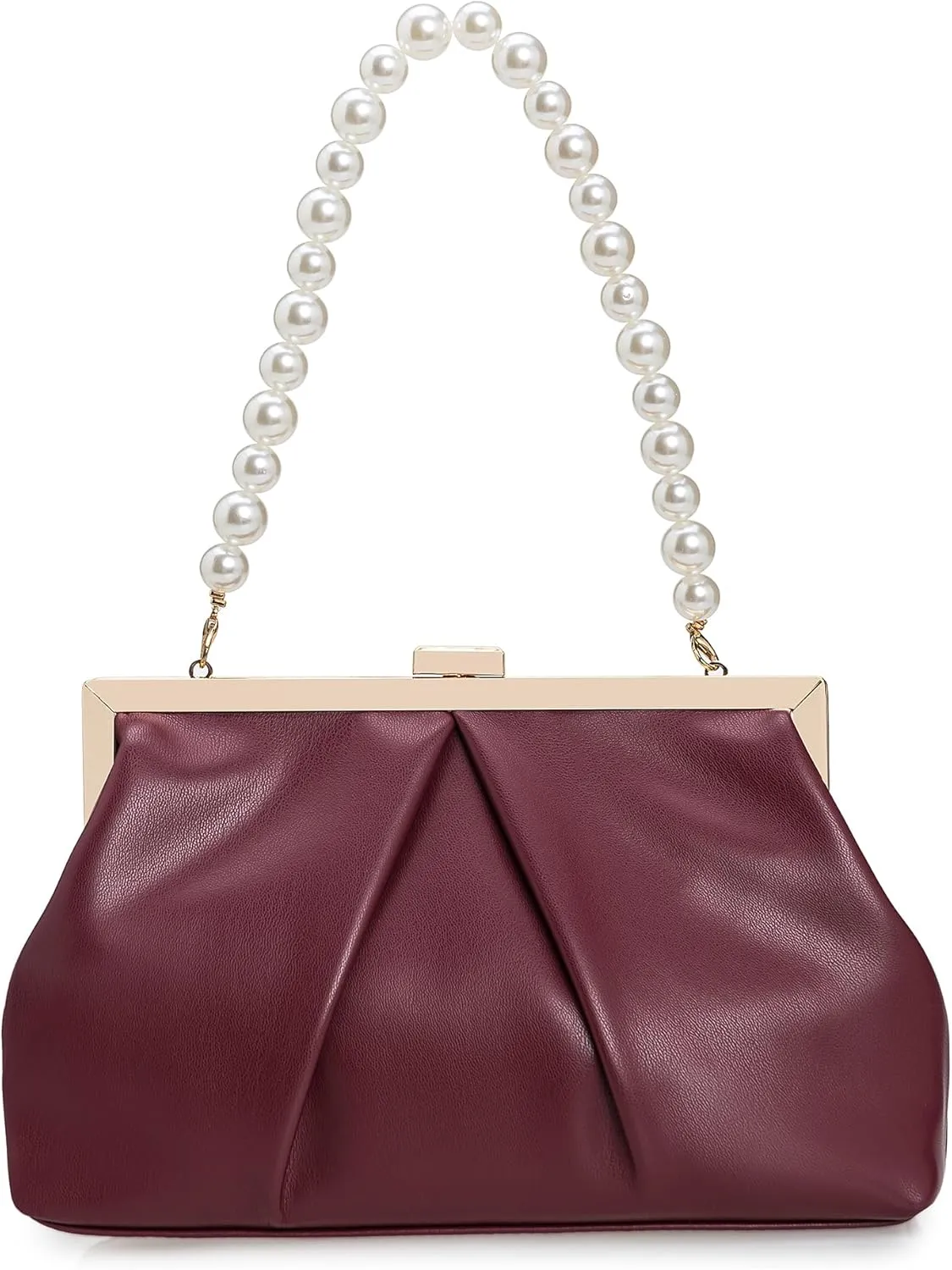 CHARMING TAILOR Faux Leather Clutch Purse Ruched PU Metal Frame Formal Evening Bag with Pearl Starp