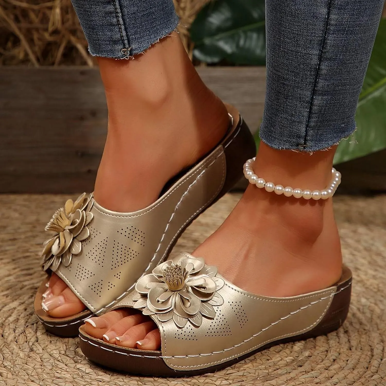 Chic Flowers Orthopedic Wedge Sandals for Women,Flowers Open Toe Platform Casual Walking Slip on Sandals Leather Breathable Comfortable Slip On Orthopedic Arch Support Slide Shoes