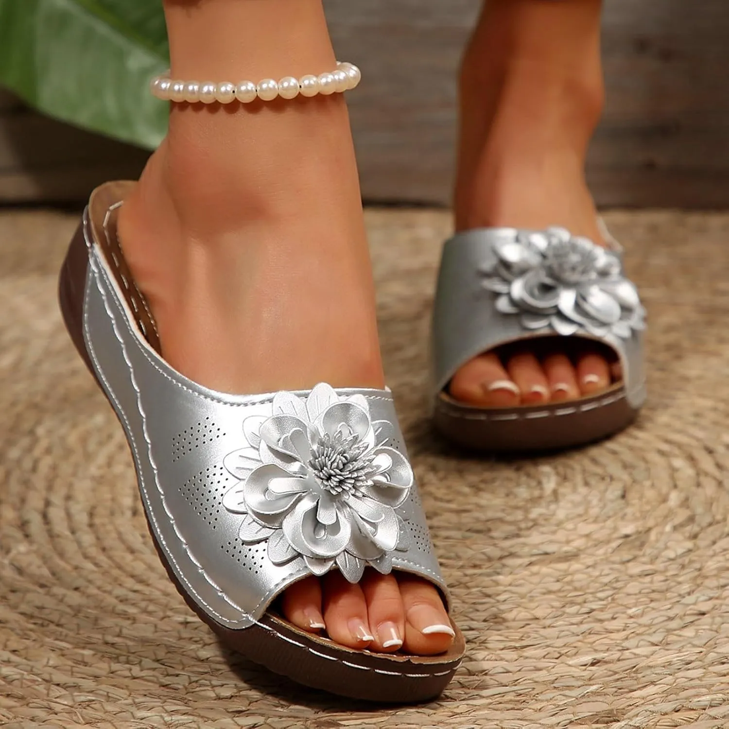 Chic Flowers Orthopedic Wedge Sandals for Women,Flowers Open Toe Platform Casual Walking Slip on Sandals Leather Breathable Comfortable Slip On Orthopedic Arch Support Slide Shoes