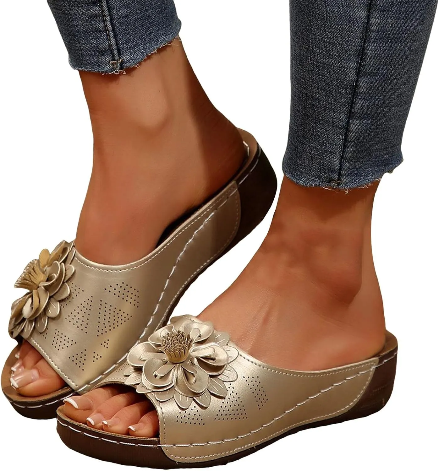 Chic Flowers Orthopedic Wedge Sandals for Women,Flowers Open Toe Platform Casual Walking Slip on Sandals Leather Breathable Comfortable Slip On Orthopedic Arch Support Slide Shoes