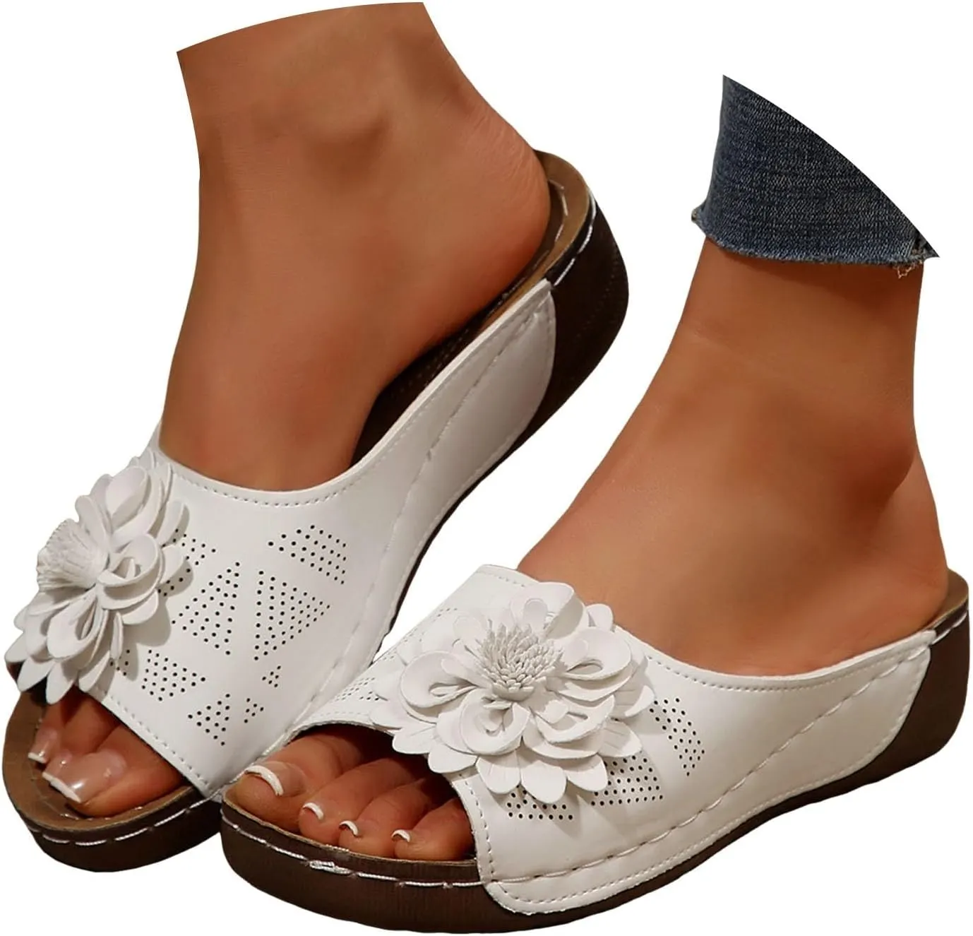 Chic Flowers Orthopedic Wedge Sandals for Women,Flowers Open Toe Platform Casual Walking Slip on Sandals Leather Breathable Comfortable Slip On Orthopedic Arch Support Slide Shoes