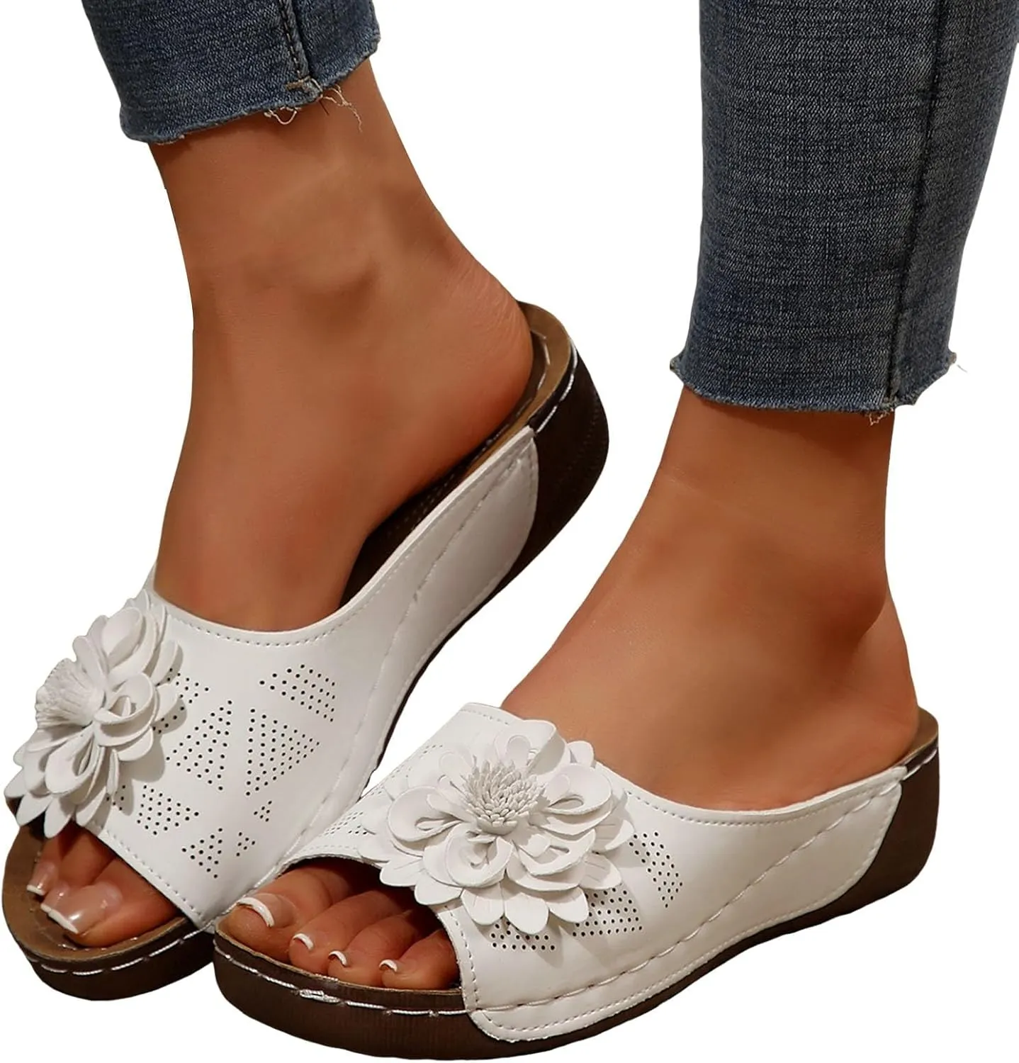 Chic Flowers Orthopedic Wedge Sandals for Women,Flowers Open Toe Platform Casual Walking Slip on Sandals Leather Breathable Comfortable Slip On Orthopedic Arch Support Slide Shoes