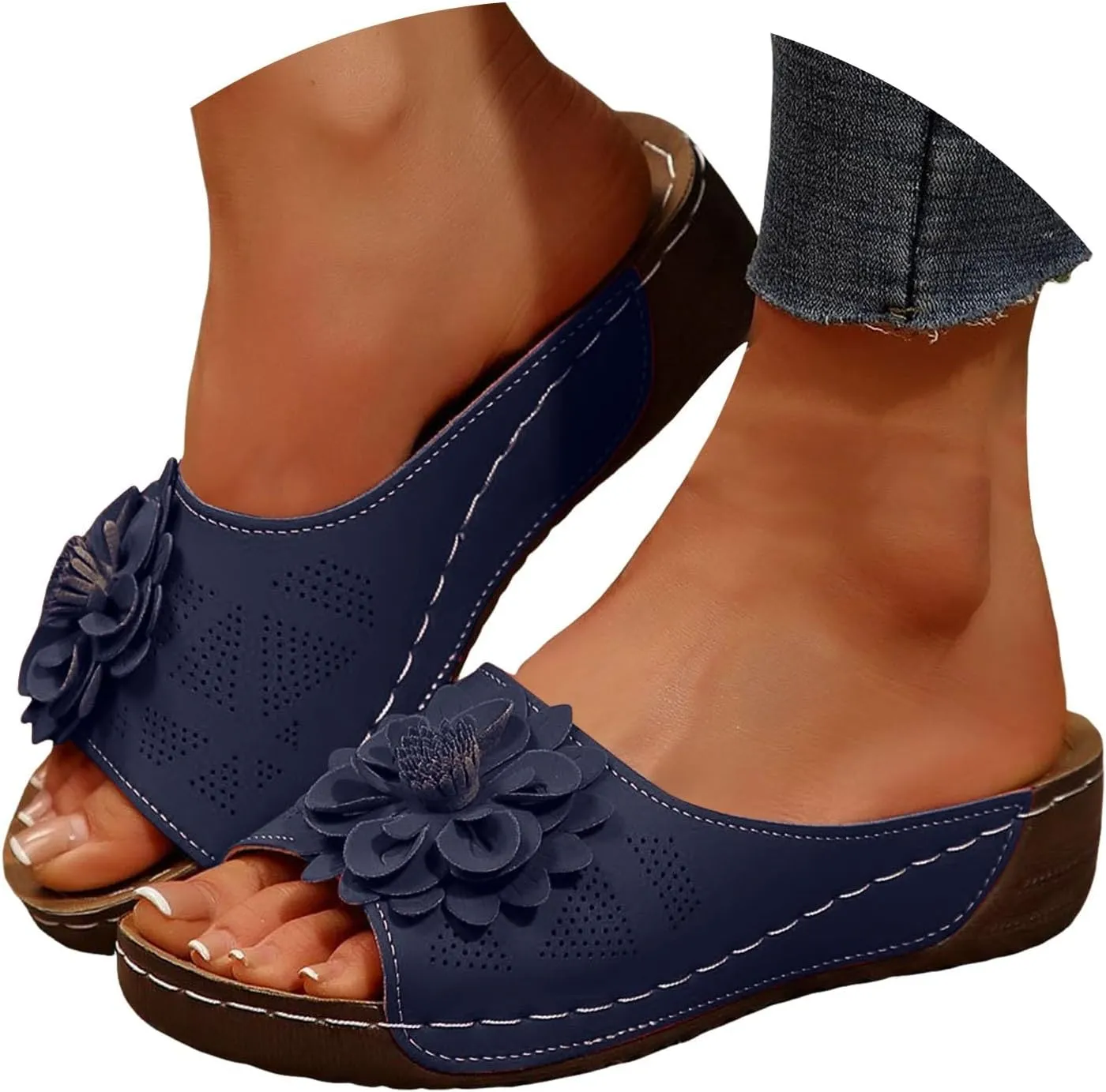 Chic Flowers Orthopedic Wedge Sandals for Women,Flowers Open Toe Platform Casual Walking Slip on Sandals Leather Breathable Comfortable Slip On Orthopedic Arch Support Slide Shoes