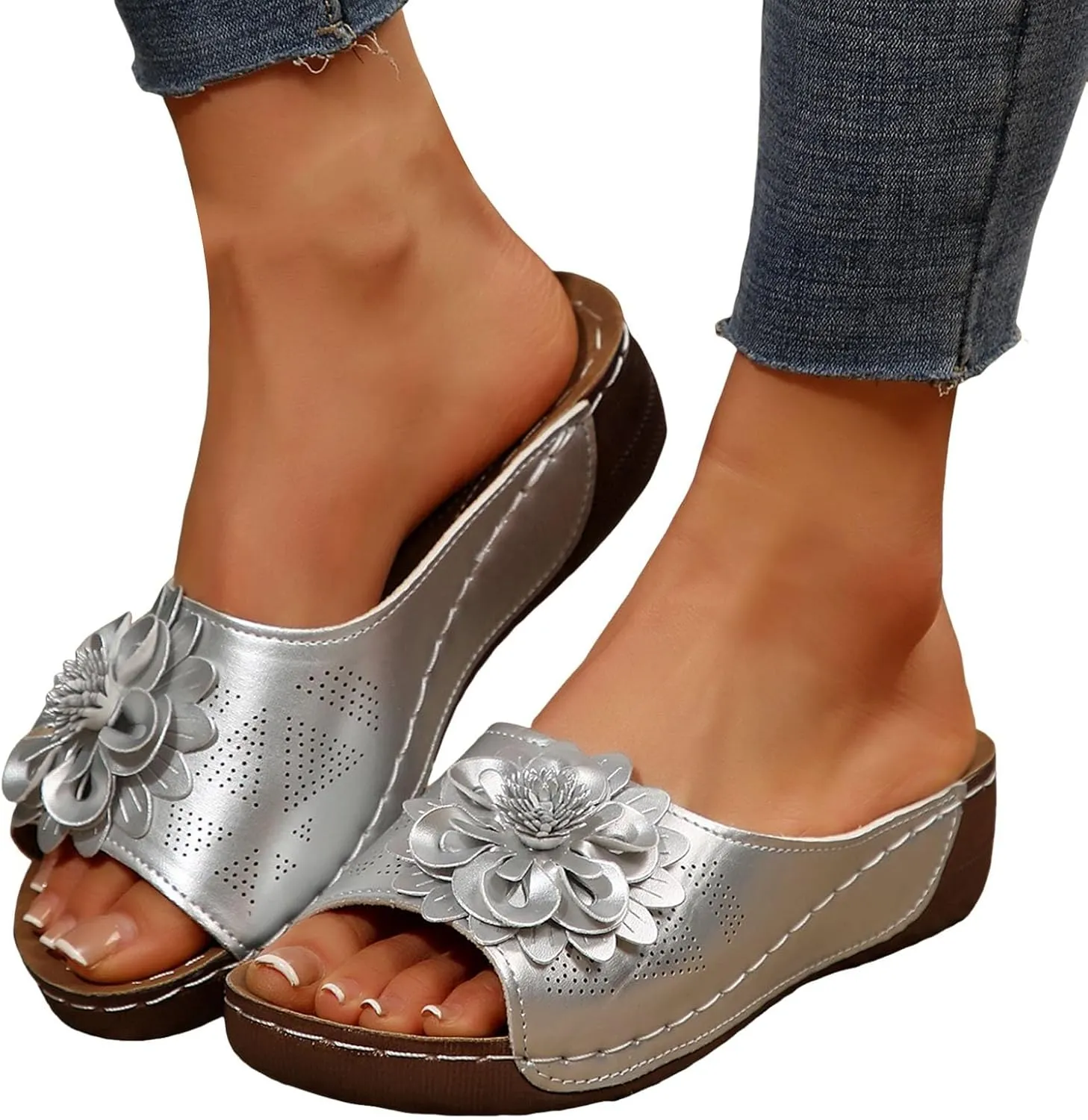 Chic Flowers Orthopedic Wedge Sandals for Women,Flowers Open Toe Platform Casual Walking Slip on Sandals Leather Breathable Comfortable Slip On Orthopedic Arch Support Slide Shoes