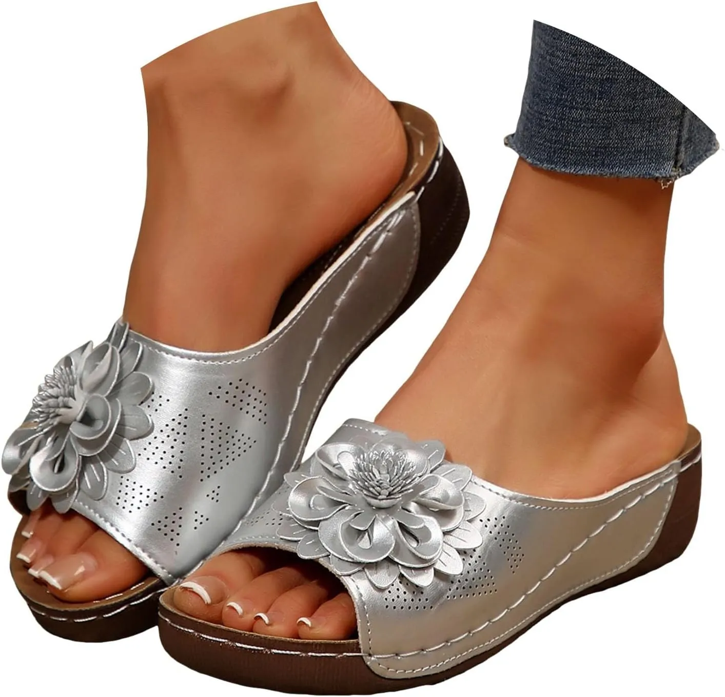 Chic Flowers Orthopedic Wedge Sandals for Women,Flowers Open Toe Platform Casual Walking Slip on Sandals Leather Breathable Comfortable Slip On Orthopedic Arch Support Slide Shoes