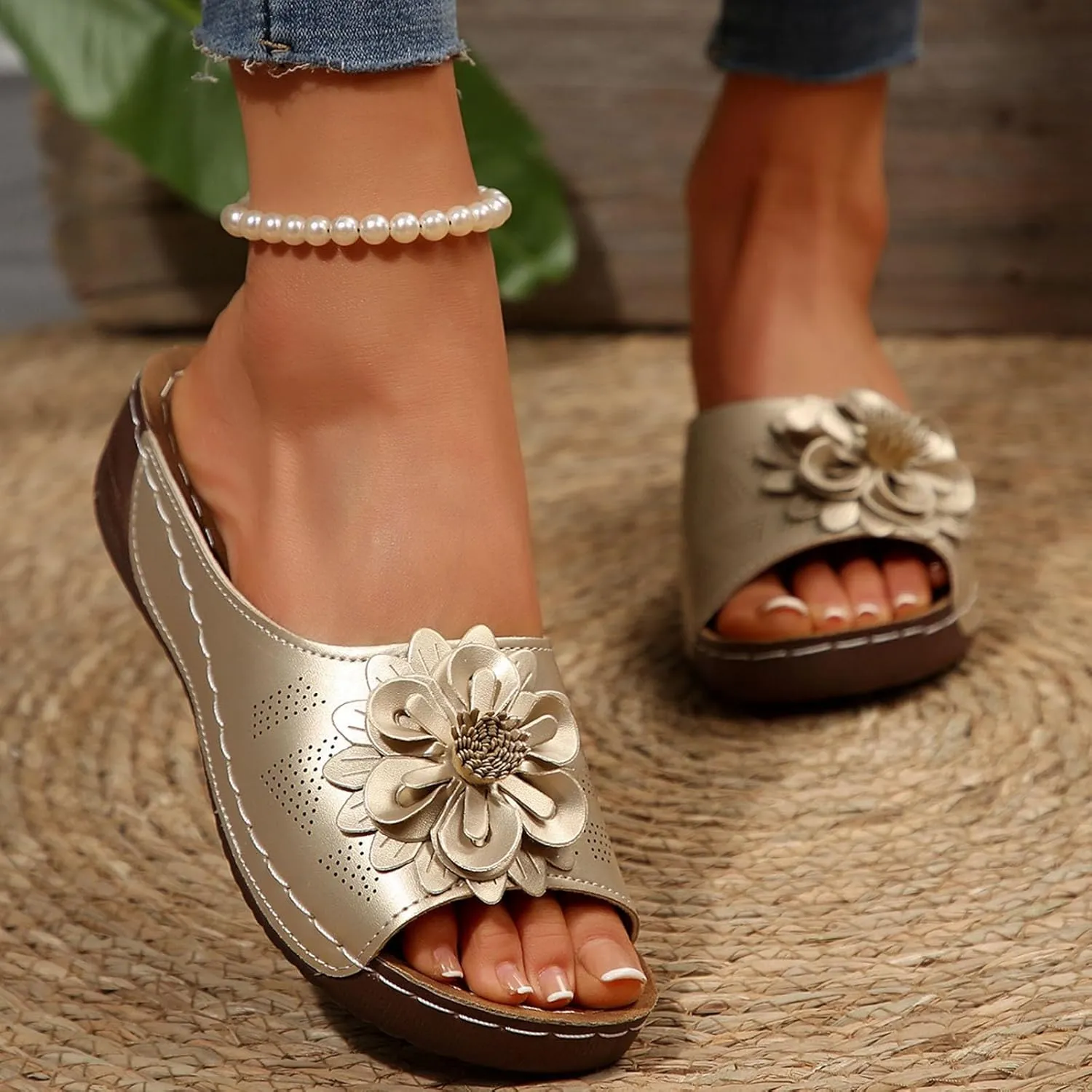Chic Flowers Orthopedic Wedge Sandals for Women,Flowers Open Toe Platform Casual Walking Slip on Sandals Leather Breathable Comfortable Slip On Orthopedic Arch Support Slide Shoes