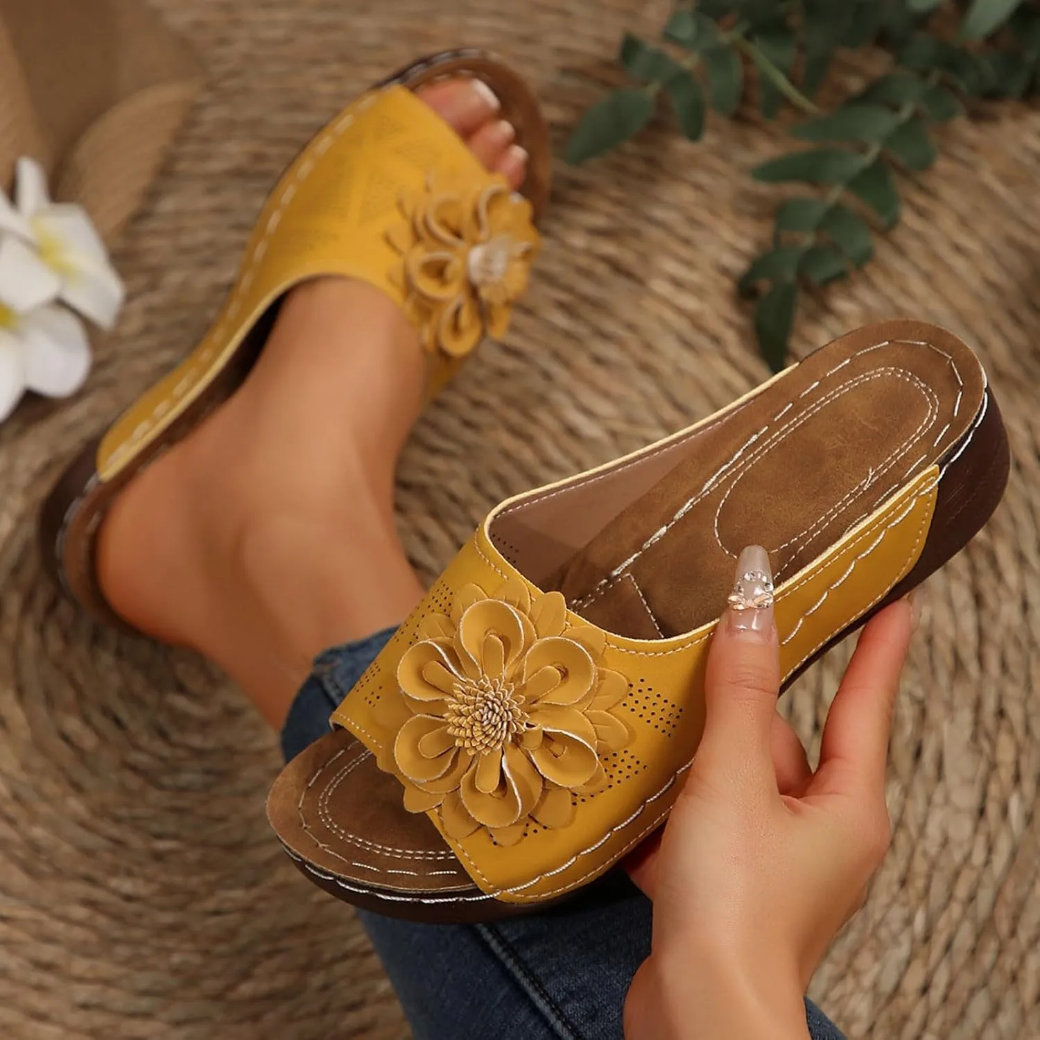 Chic Flowers Orthopedic Wedge Sandals for Women,Flowers Open Toe Platform Casual Walking Slip on Sandals Leather Breathable Comfortable Slip On Orthopedic Arch Support Slide Shoes