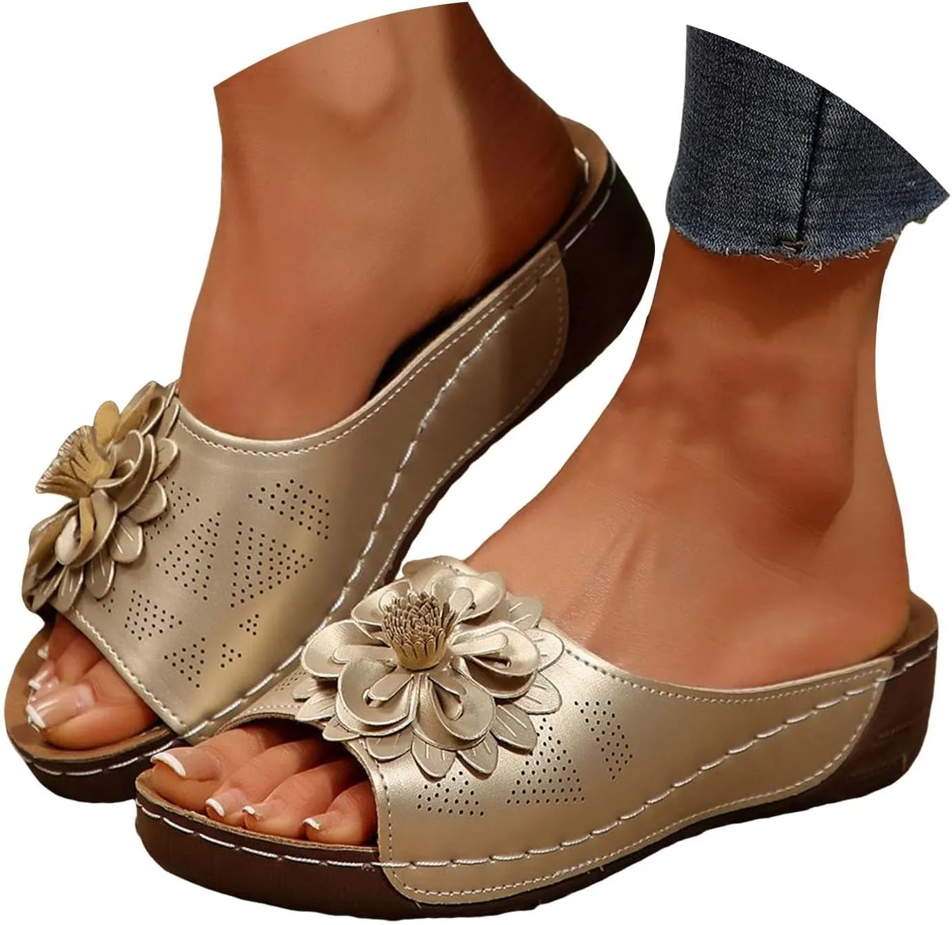 Chic Flowers Orthopedic Wedge Sandals for Women,Flowers Open Toe Platform Casual Walking Slip on Sandals Leather Breathable Comfortable Slip On Orthopedic Arch Support Slide Shoes