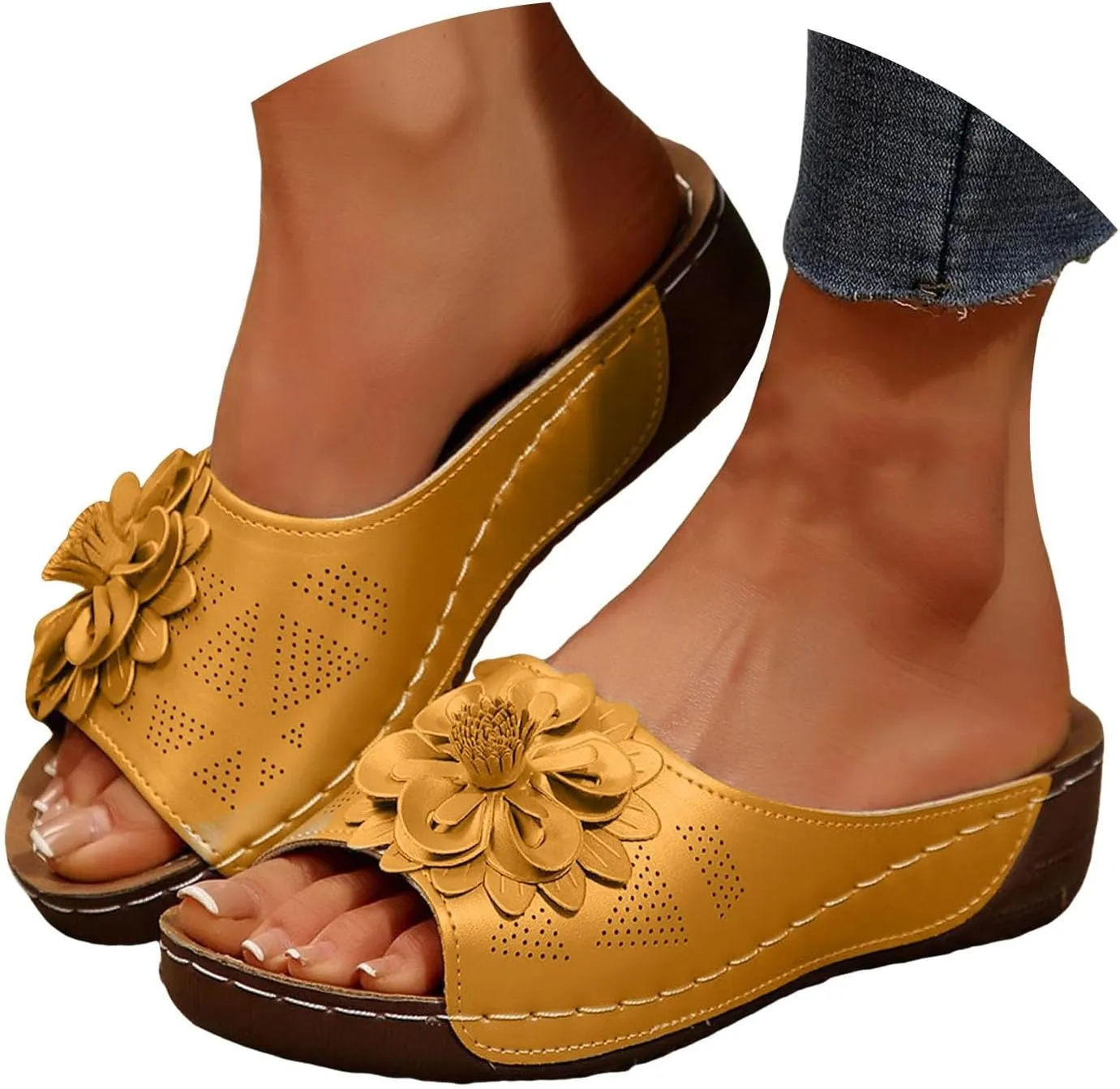 Chic Flowers Orthopedic Wedge Sandals for Women,Flowers Open Toe Platform Casual Walking Slip on Sandals Leather Breathable Comfortable Slip On Orthopedic Arch Support Slide Shoes