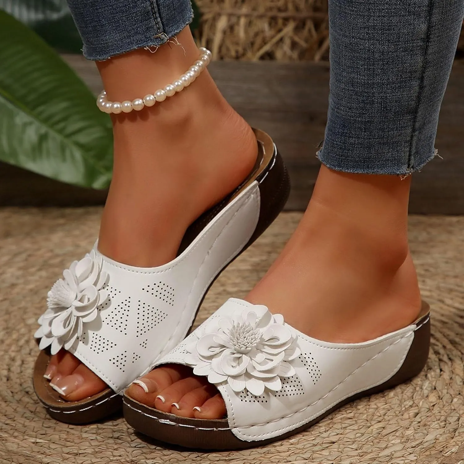 Chic Flowers Orthopedic Wedge Sandals for Women,Flowers Open Toe Platform Casual Walking Slip on Sandals Leather Breathable Comfortable Slip On Orthopedic Arch Support Slide Shoes