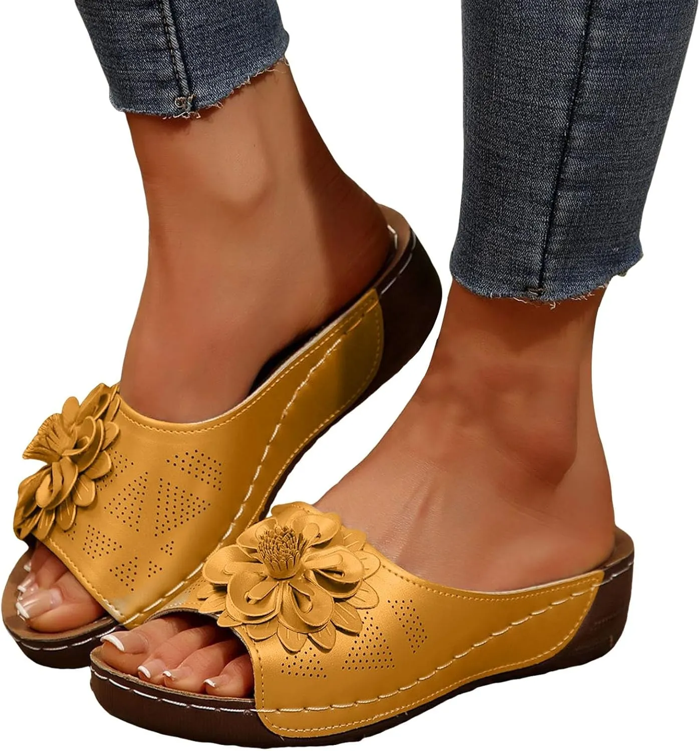Chic Flowers Orthopedic Wedge Sandals for Women,Flowers Open Toe Platform Casual Walking Slip on Sandals Leather Breathable Comfortable Slip On Orthopedic Arch Support Slide Shoes