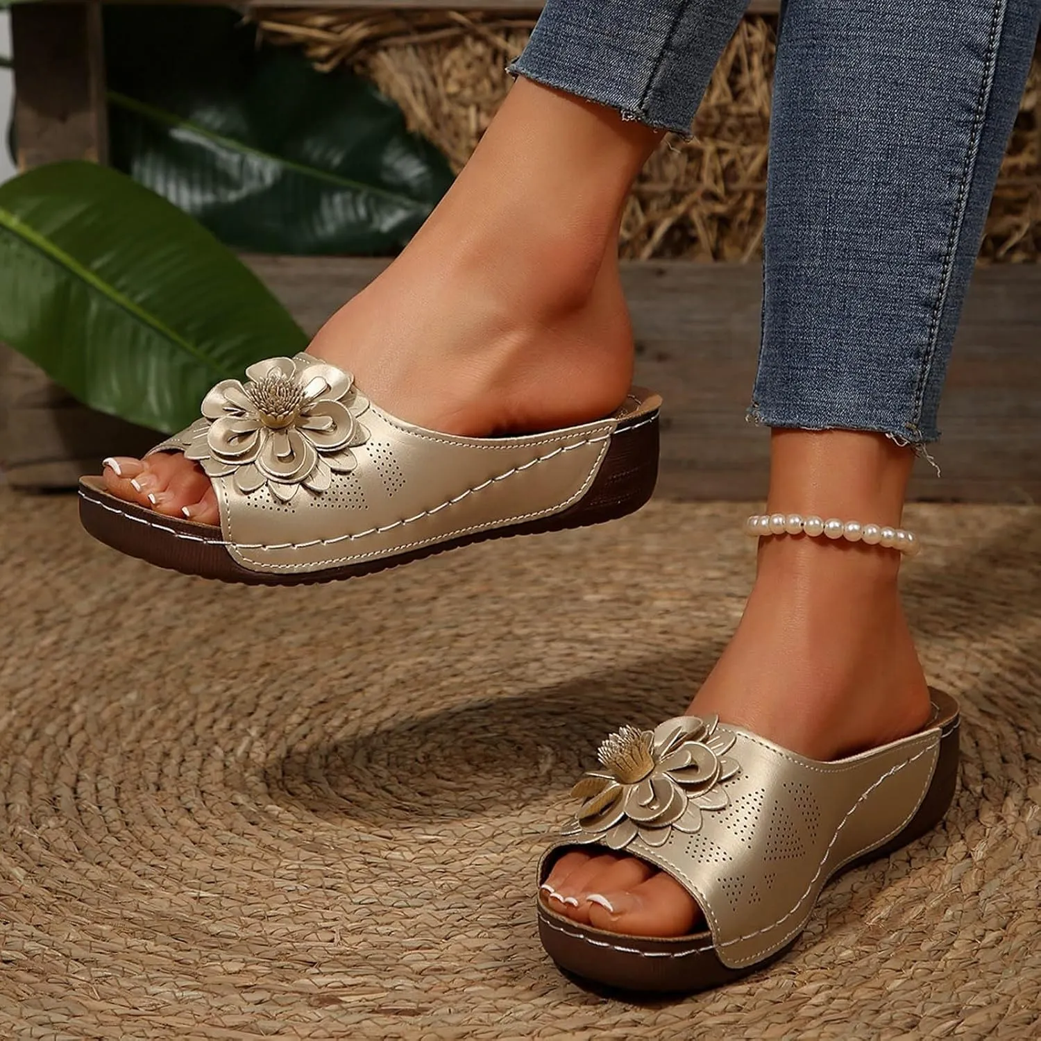 Chic Flowers Orthopedic Wedge Sandals for Women,Flowers Open Toe Platform Casual Walking Slip on Sandals Leather Breathable Comfortable Slip On Orthopedic Arch Support Slide Shoes