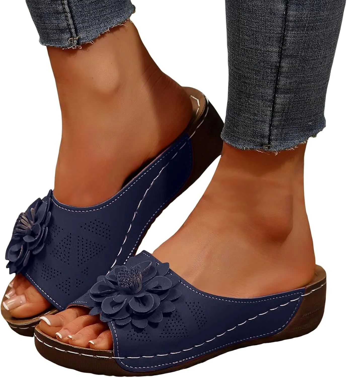 Chic Flowers Orthopedic Wedge Sandals for Women,Flowers Open Toe Platform Casual Walking Slip on Sandals Leather Breathable Comfortable Slip On Orthopedic Arch Support Slide Shoes