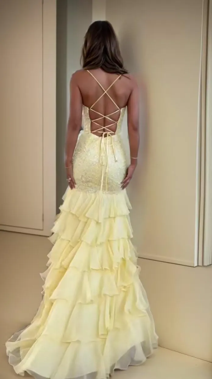 Chiffon Prom Dress with Slit Spaghetti Straps Tiered Party Gowns Mermaid Backless Evening Dress ZX96