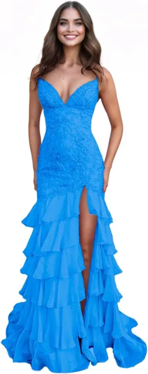 Chiffon Prom Dress with Slit Spaghetti Straps Tiered Party Gowns Mermaid Backless Evening Dress ZX96