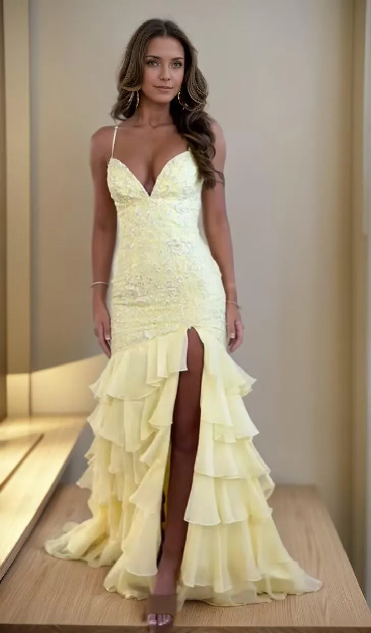 Chiffon Prom Dress with Slit Spaghetti Straps Tiered Party Gowns Mermaid Backless Evening Dress ZX96