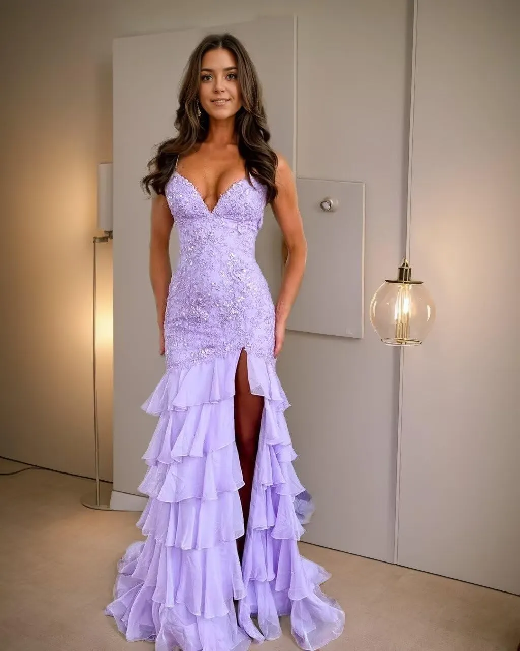 Chiffon Prom Dress with Slit Spaghetti Straps Tiered Party Gowns Mermaid Backless Evening Dress ZX96