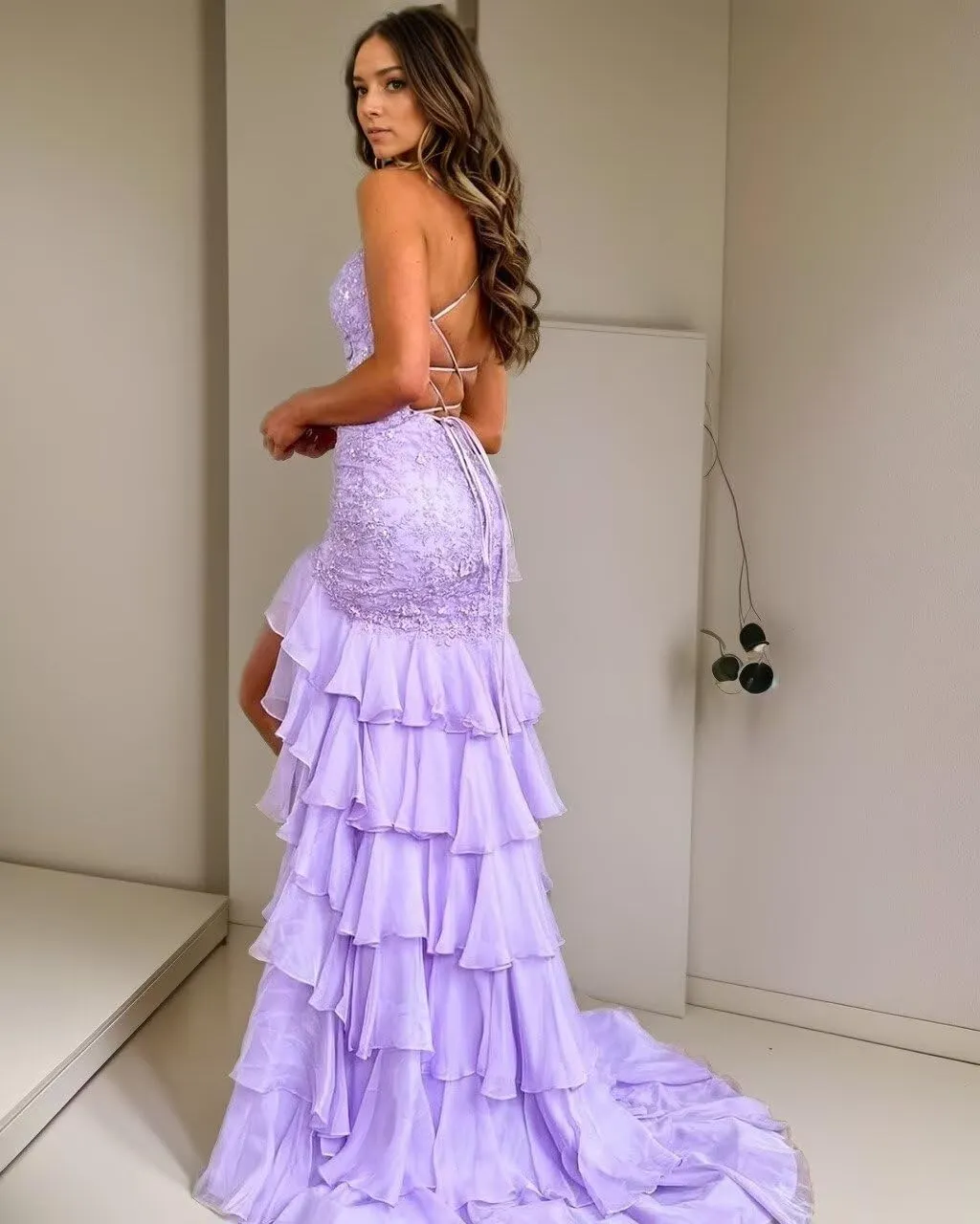 Chiffon Prom Dress with Slit Spaghetti Straps Tiered Party Gowns Mermaid Backless Evening Dress ZX96