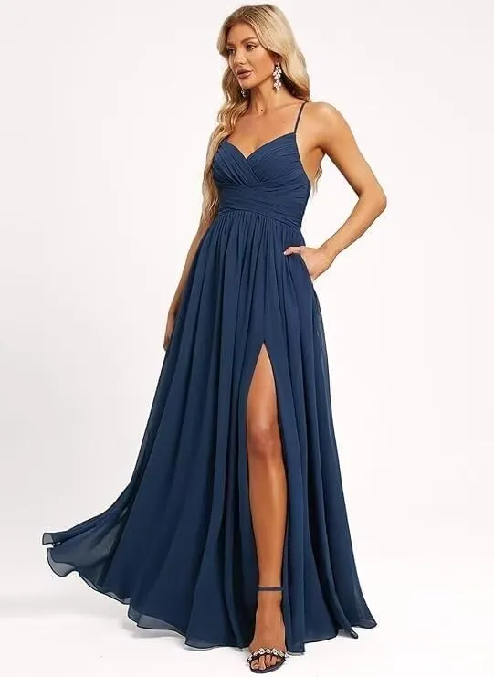 Chiffon V Neck Bridesmaid Dresses for Women 2025 Long Spaghetti Straps Formal Evening Party Gowns with Slit CD040