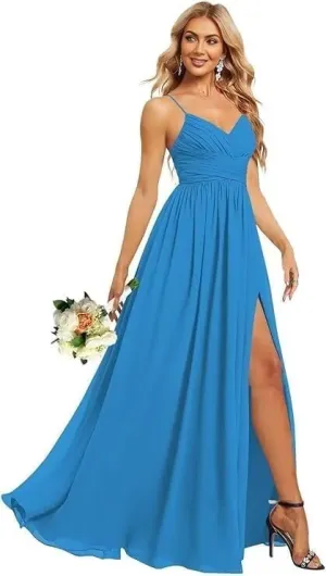Chiffon V Neck Bridesmaid Dresses for Women 2025 Long Spaghetti Straps Formal Evening Party Gowns with Slit CD040