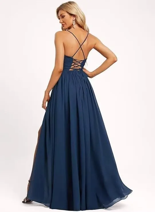 Chiffon V Neck Bridesmaid Dresses for Women 2025 Long Spaghetti Straps Formal Evening Party Gowns with Slit CD040